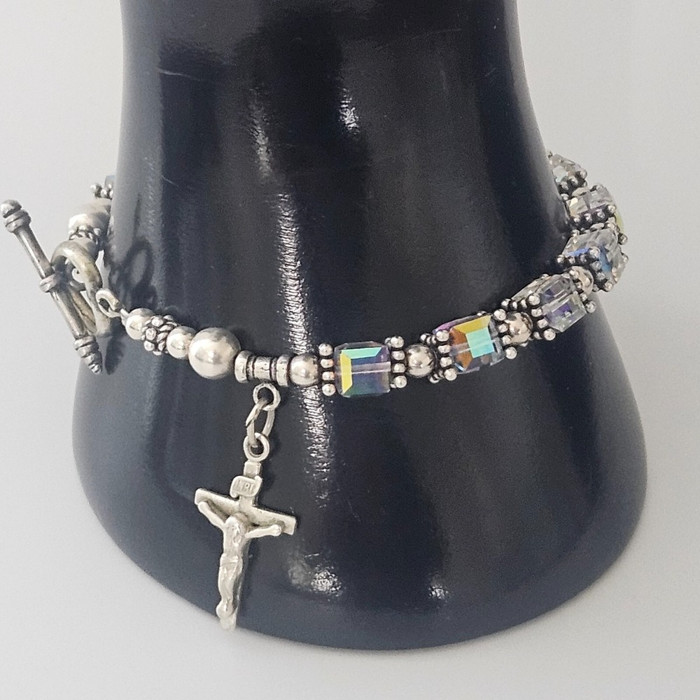 Sterling Silver Faceted Crystal AB Bracelet Crucifix Charm Toggle Clasp 7.5" - Picture 2 of 10